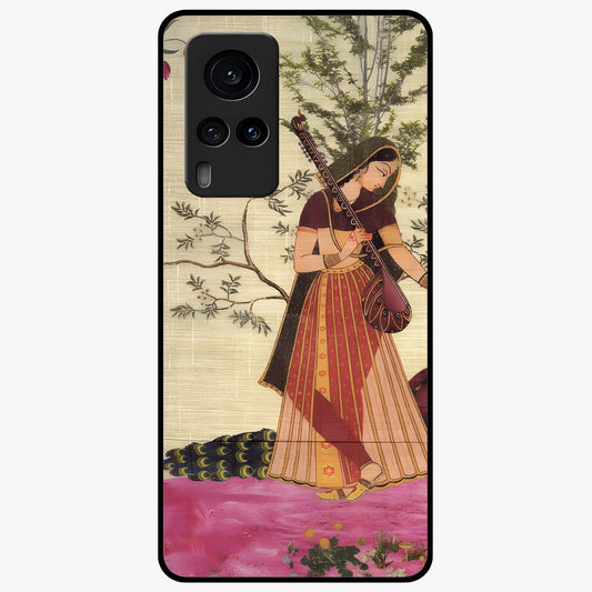 Lady With Veena Art Glass Case showing flat back view with elegant woman playing veena artwork and glossy glass finish.