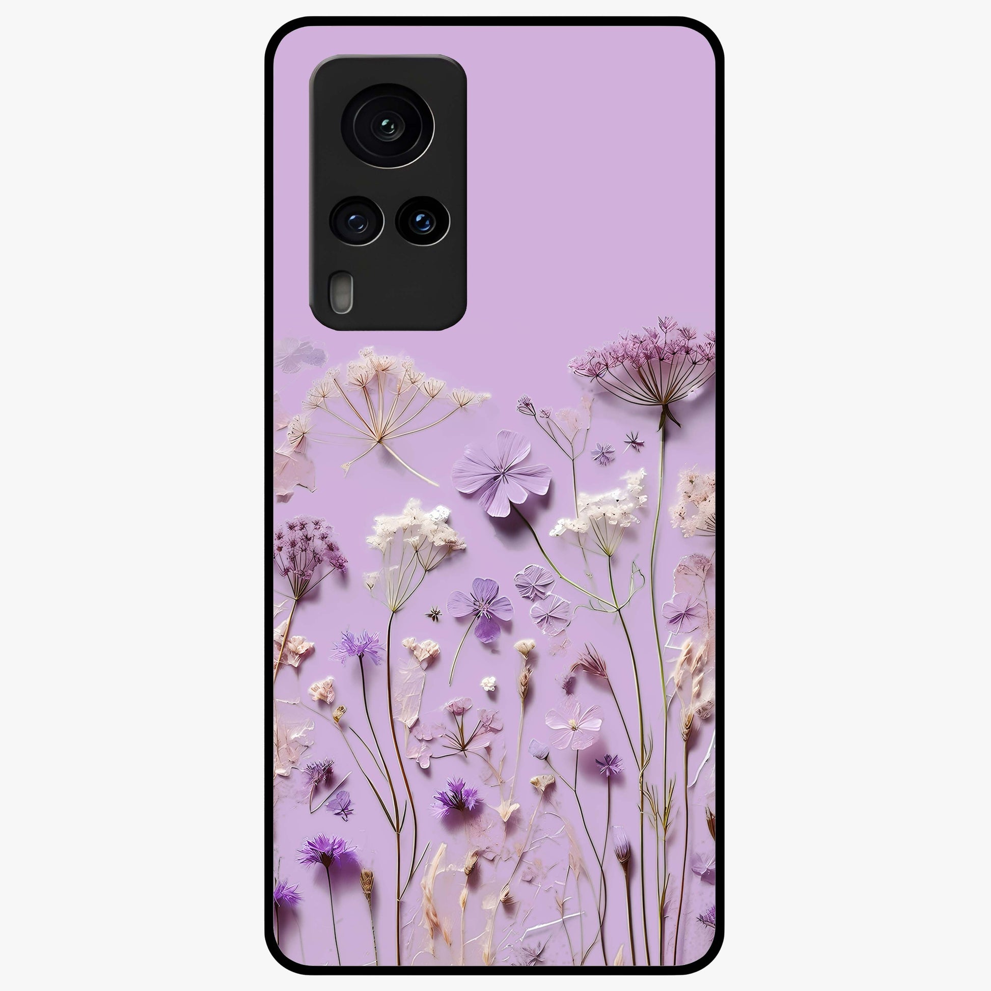 Lavender Blossom Dream Glass Case showing flat back view with soft lavender floral artwork and glossy glass finish.