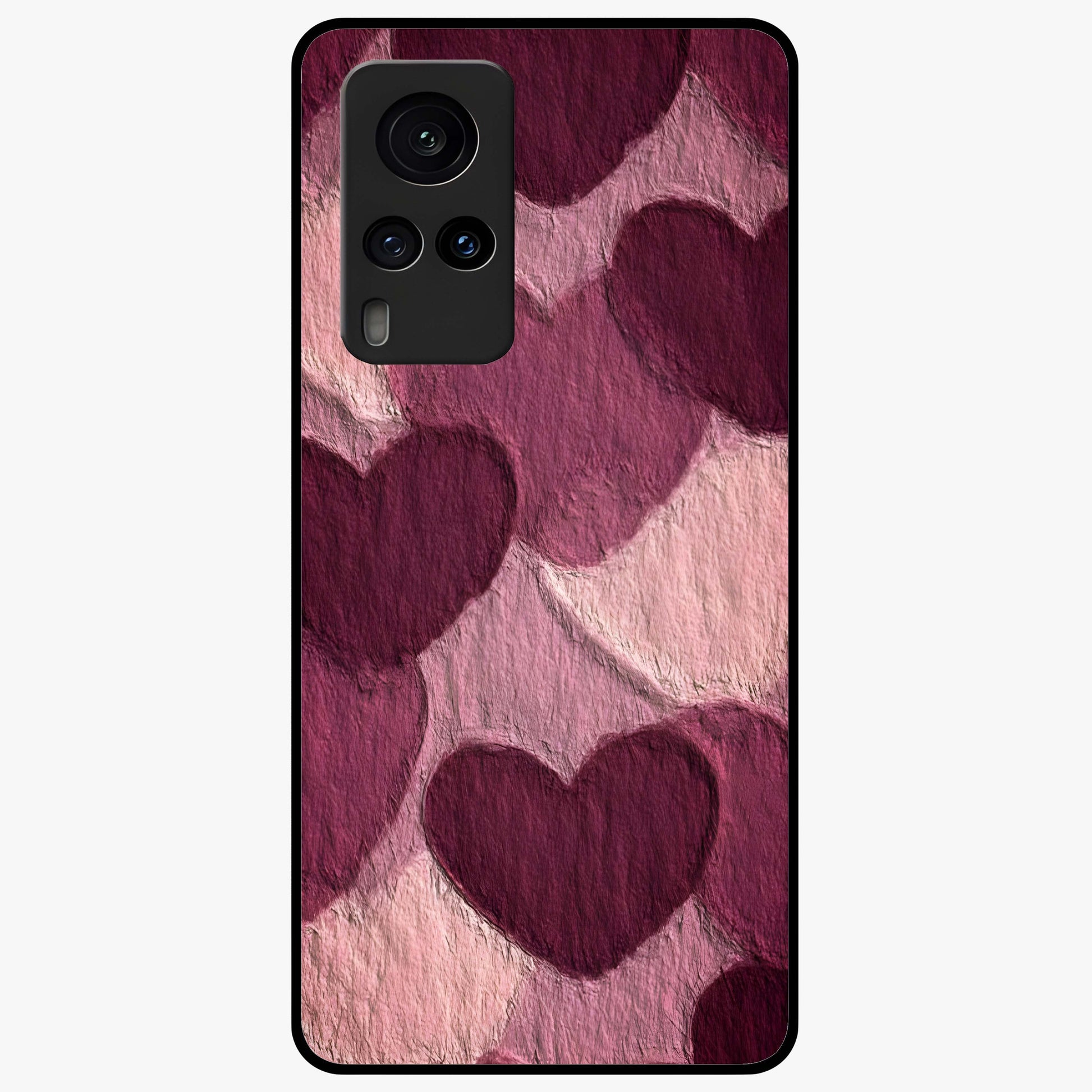 Layered Paper Hearts Glass Case showing flat back view with layered paper heart artwork and glossy glass finish.