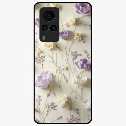 Lilac Breeze Harmony Glass Case showing flat back view with soft lilac themed artwork and glossy glass finish.
