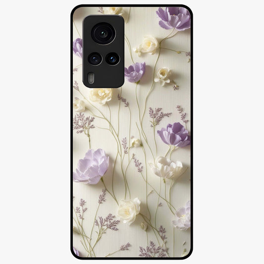 Lilac Breeze Harmony Glass Case showing flat back view with soft lilac themed artwork and glossy glass finish.