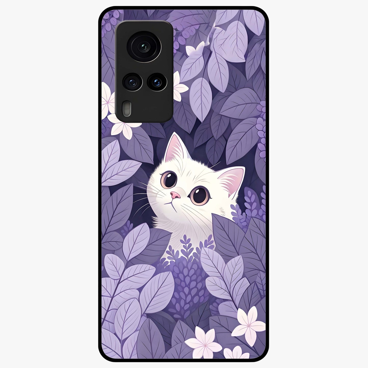 Lilac Hide Peek Cat Glass Case showing flat back view with cute peeking cat artwork and glossy glass finish.