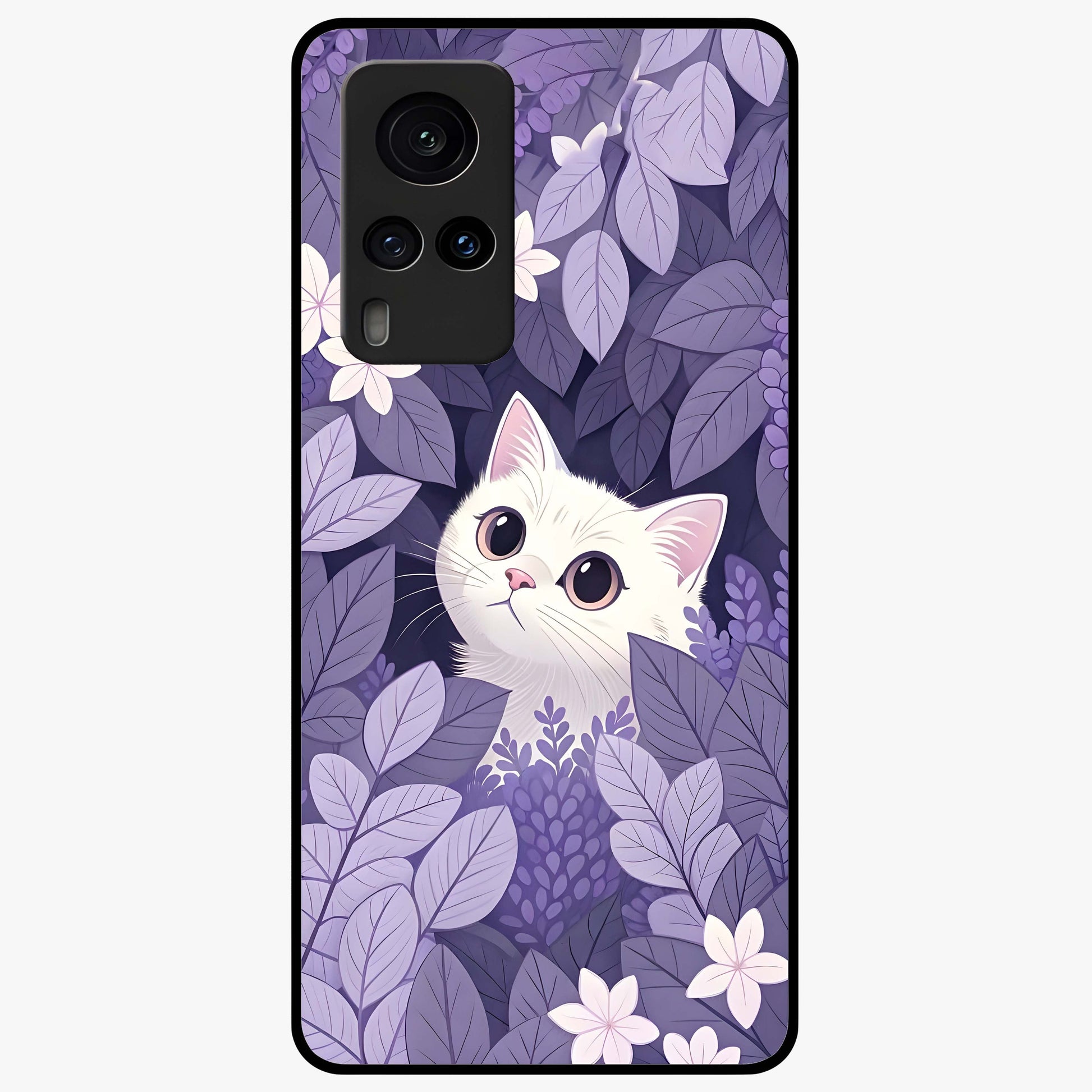 Lilac Hide Peek Cat Glass Case showing flat back view with cute peeking cat artwork and glossy glass finish.