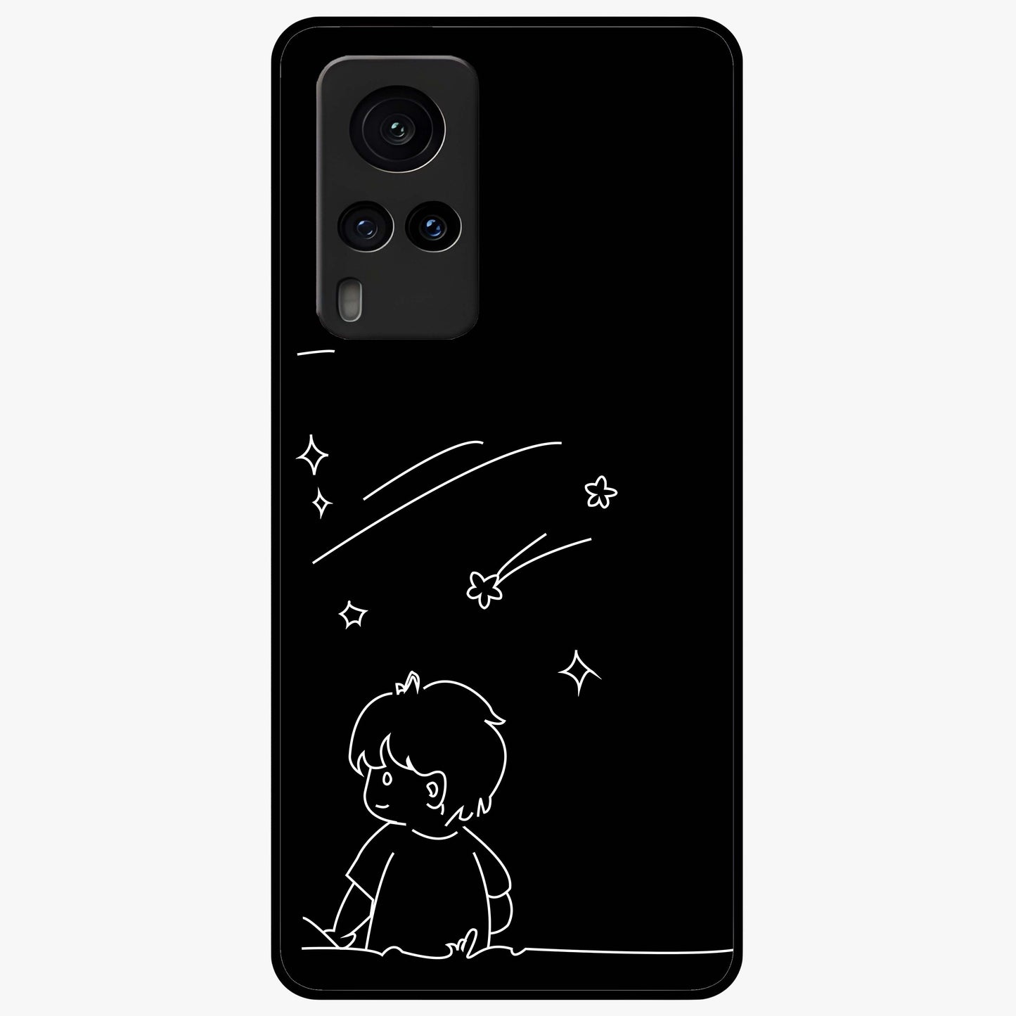 Line Art Boy With Shooting Stars Glass Case showing flat back view with minimal line art boy and shooting stars illustration and glossy glass finish.