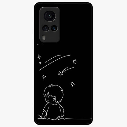 Line Art Boy With Shooting Stars Glass Case showing flat back view with minimal line art boy and shooting stars illustration and glossy glass finish.