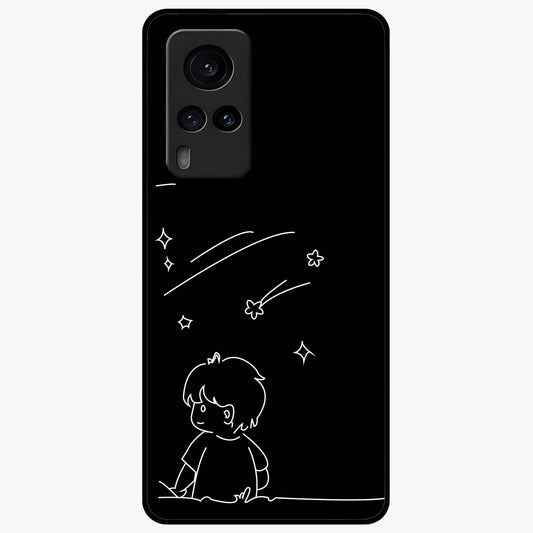 Line Art Boy With Shooting Stars Glass Case showing flat back view with minimal line art boy and shooting stars illustration and glossy glass finish.