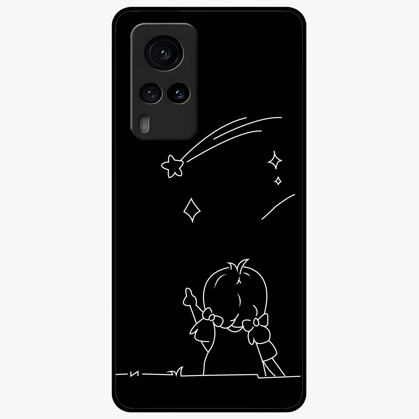 Line Art Girl With Shooting Stars Glass Case showing flat back view with minimal line art girl and shooting stars illustration and glossy glass finish.