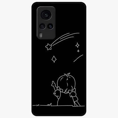 Line Art Girl With Shooting Stars Glass Case showing flat back view with minimal line art girl and shooting stars illustration and glossy glass finish.