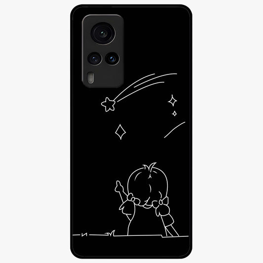Line Art Girl With Shooting Stars Glass Case showing flat back view with minimal line art girl and shooting stars illustration and glossy glass finish.