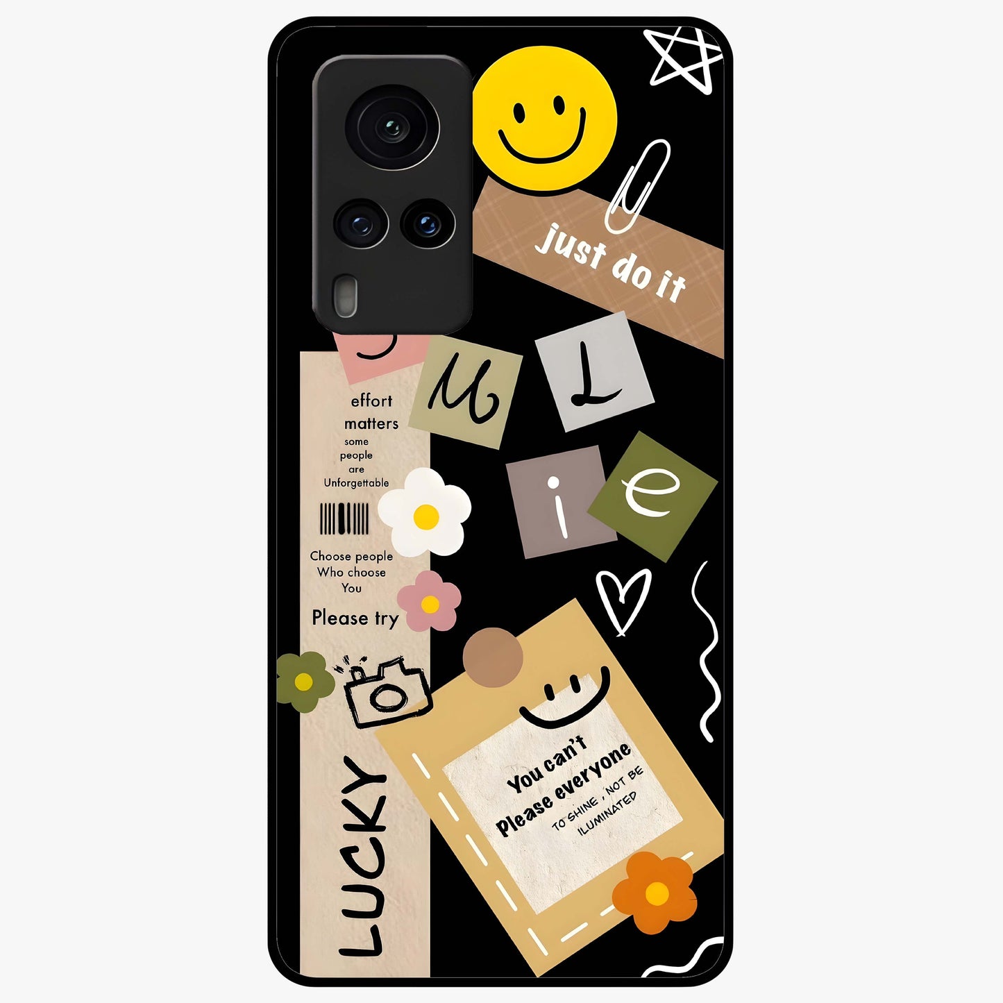 Lucky Aesthetic Collage Glass Case showing flat back view with trendy aesthetic collage artwork and glossy glass finish.