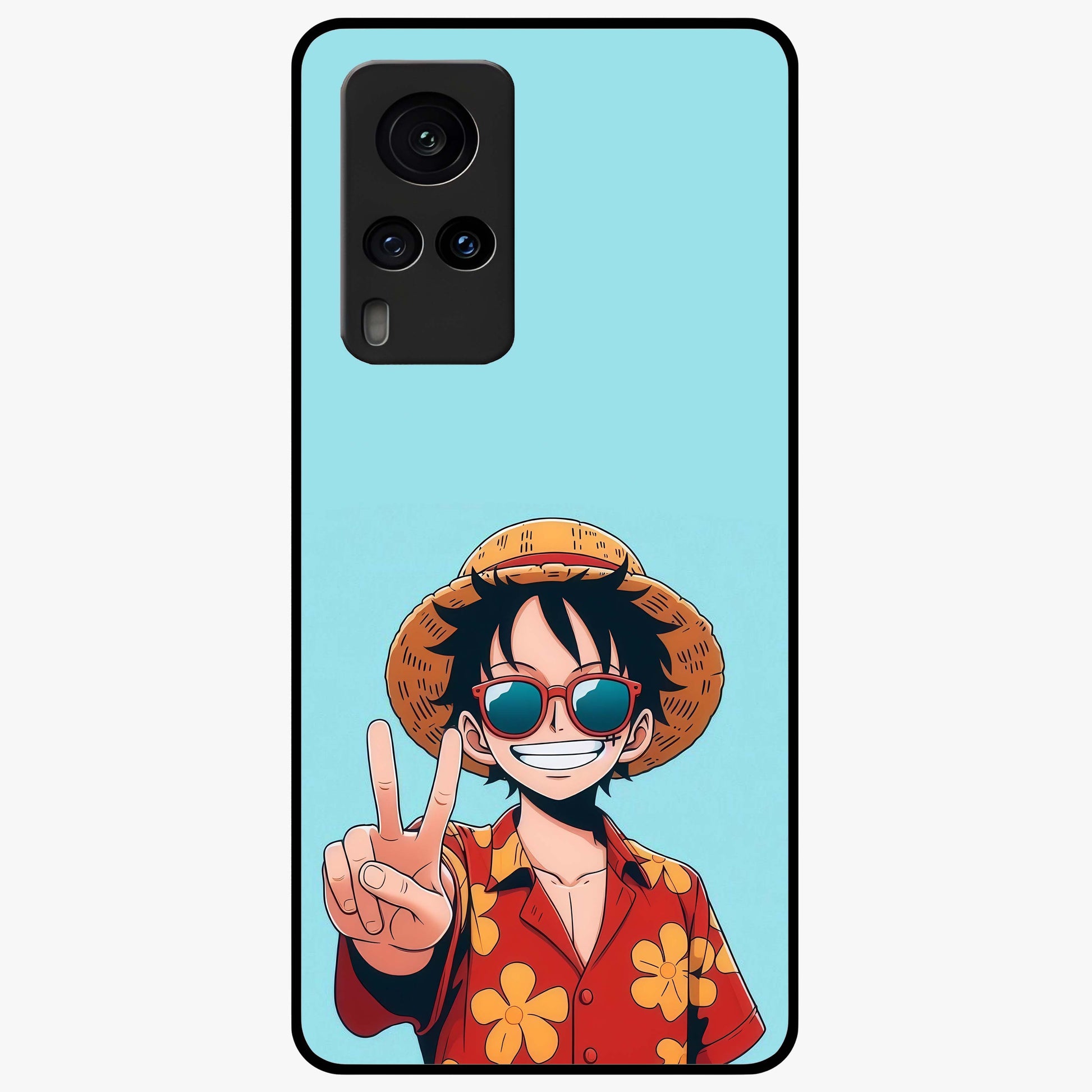Luffy Summer Anime Vibe Glass Case showing flat back view with vibrant anime character artwork and glossy glass finish.