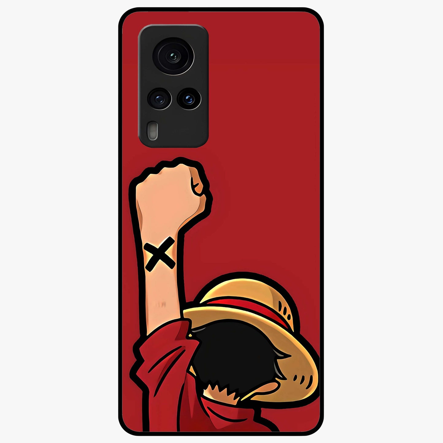 Luffy X Spirit Glass Case showing flat back view with bold anime character artwork and glossy glass finish.
