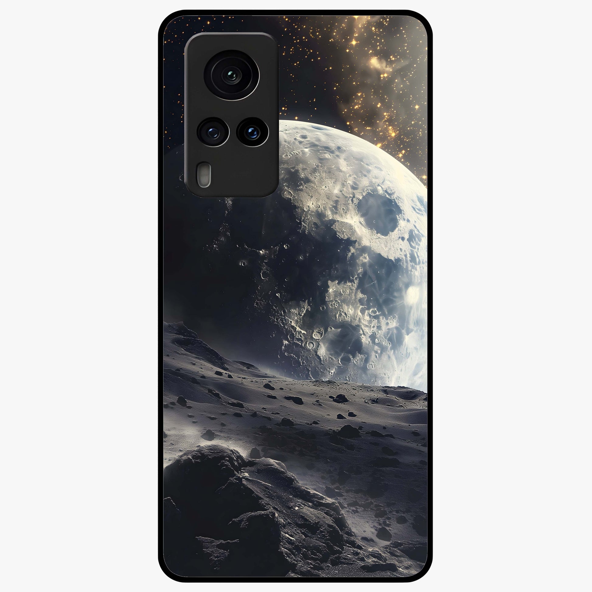 Lunar Horizon Glow Glass Case showing flat back view with glowing moon horizon artwork and glossy glass finish.