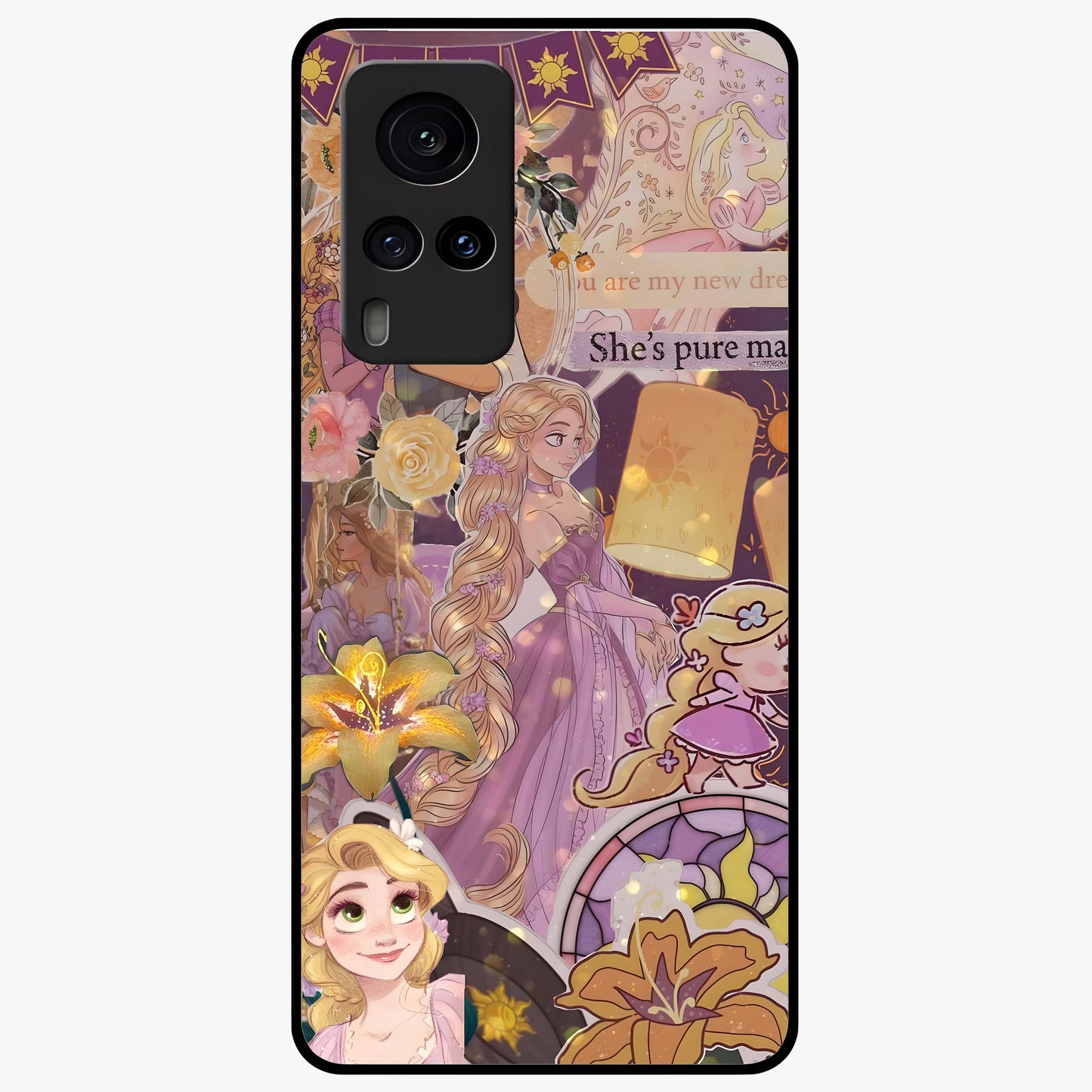 Magical Tangled Dream Glass Case showing flat back view with dreamy tangled artwork and glossy glass finish.