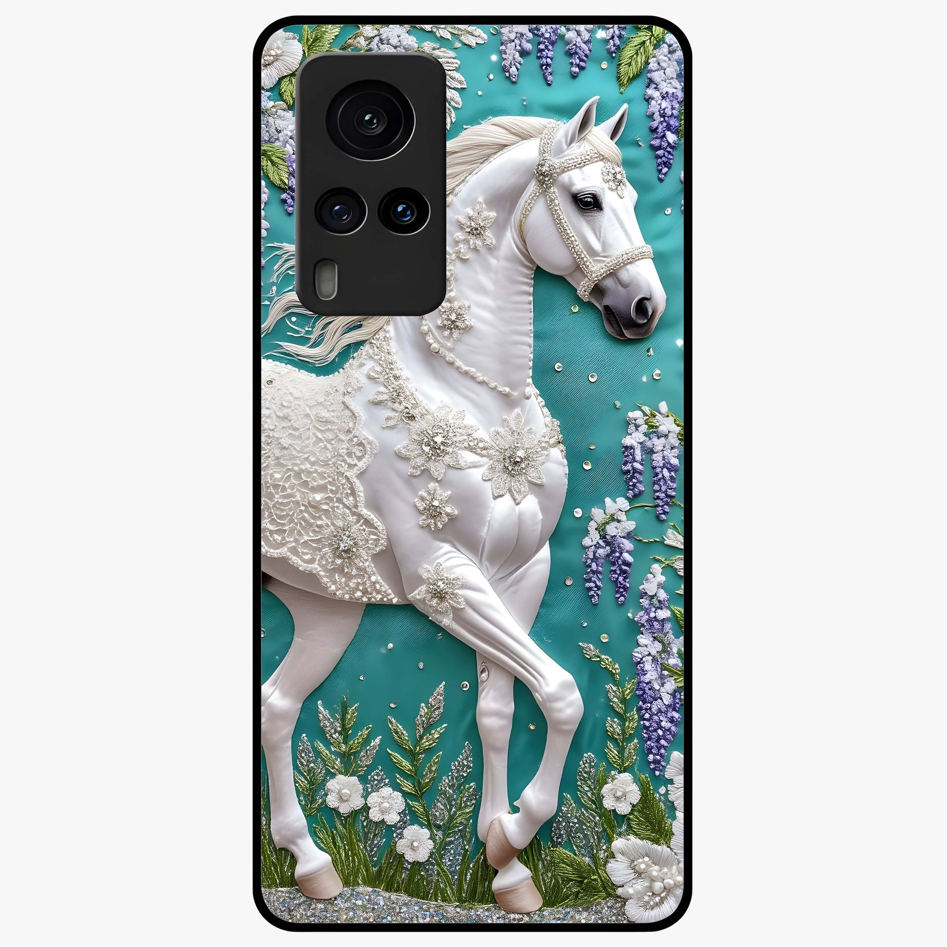 Majestic Floral Stallion Glass Case showing flat back view with powerful horse and floral artwork and glossy glass finish.