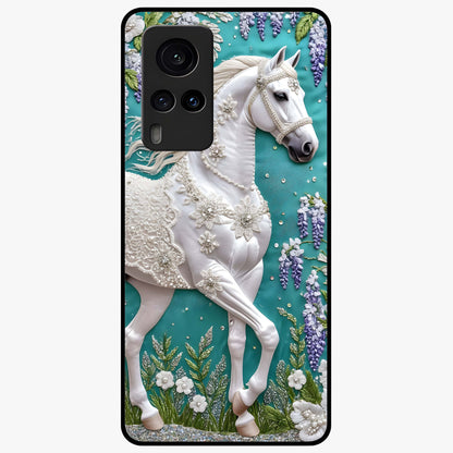 Majestic Floral Stallion Glass Case showing flat back view with powerful horse and floral artwork and glossy glass finish.