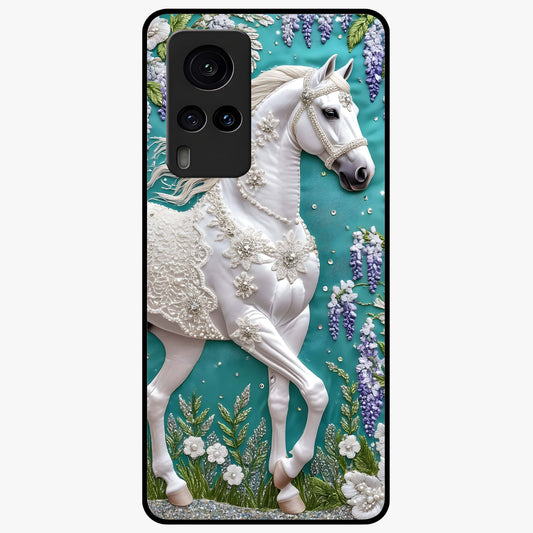 Majestic Floral Stallion Glass Case showing flat back view with powerful horse and floral artwork and glossy glass finish.