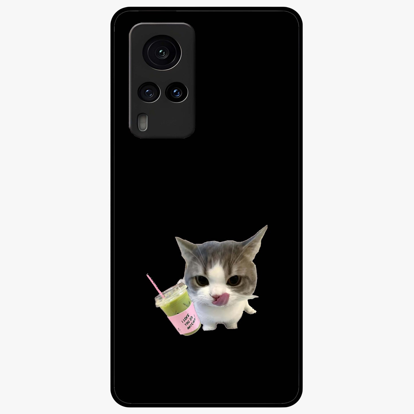 Matcha Cat Style Glass Case showing flat back view with cute matcha themed cat artwork and glossy glass finish.