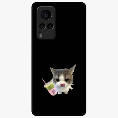 Matcha Cat Style Glass Case showing flat back view with cute matcha themed cat artwork and glossy glass finish.