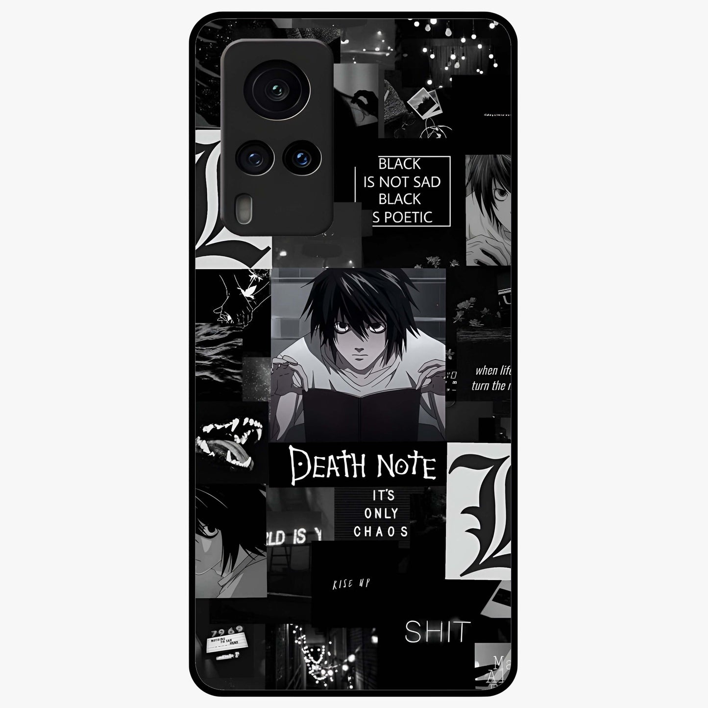 Midnight Chaos Mind Glass Case showing flat back view with abstract dark themed artwork and glossy glass finish.