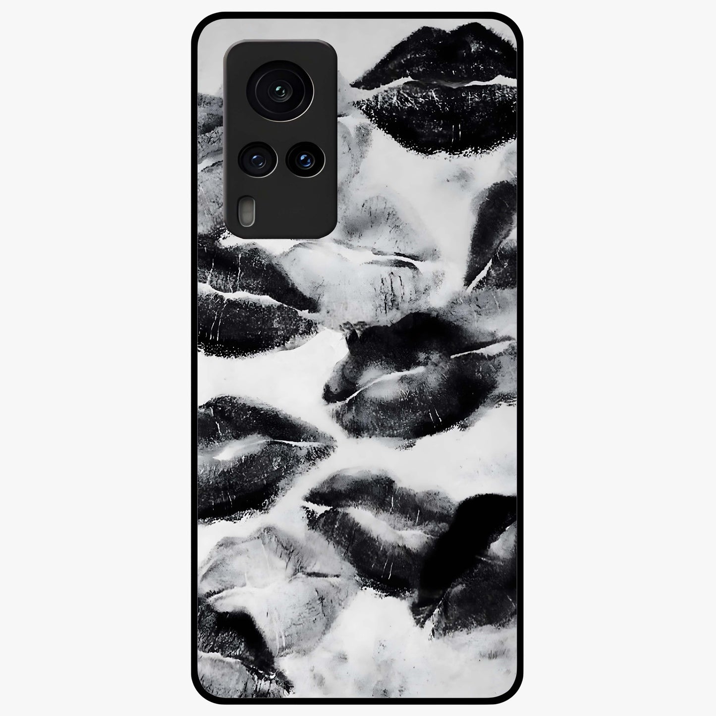 Midnight Kiss Marks Glass Case showing flat back view with lipstick kiss mark artwork and glossy glass finish.