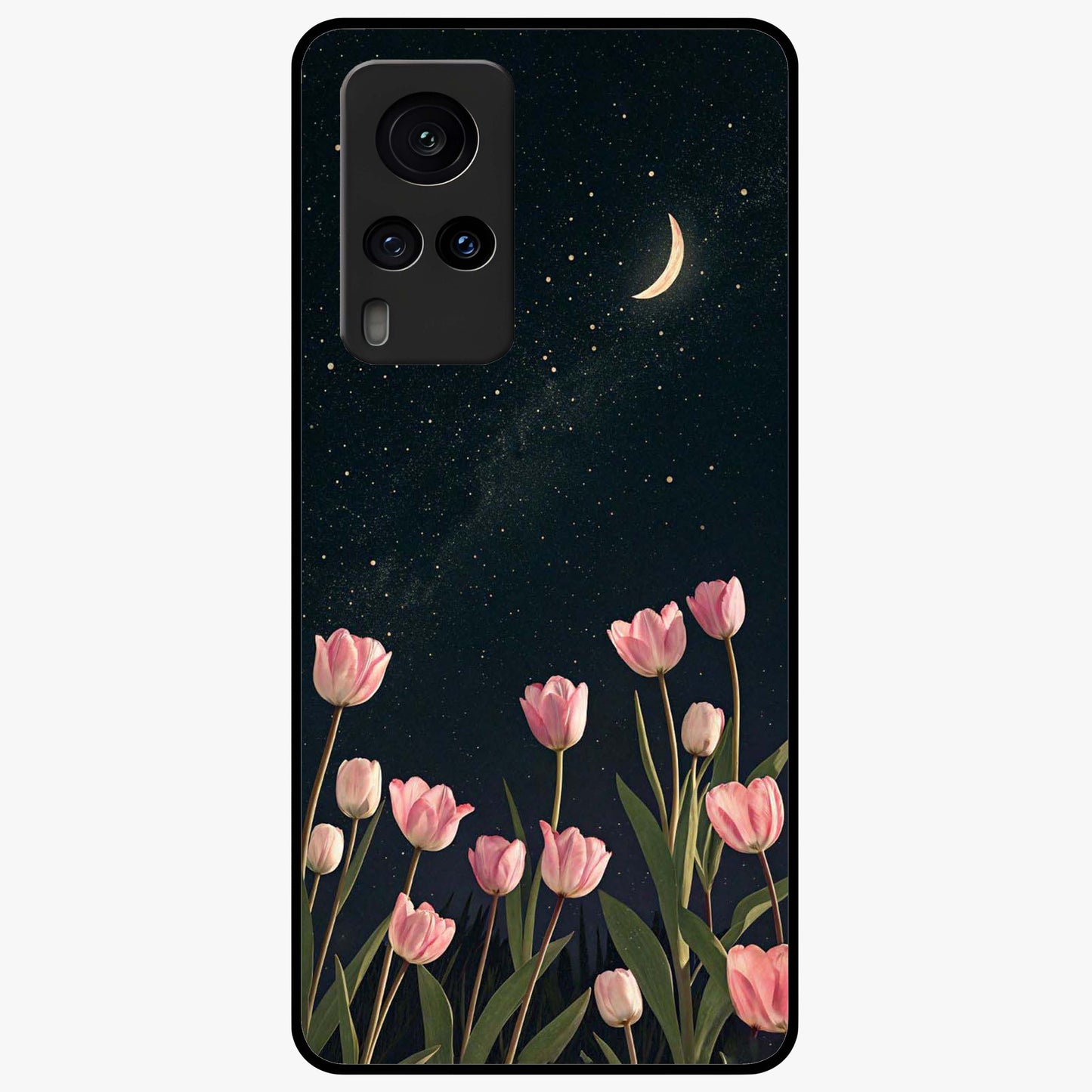 Midnight Tulip Whispers Vibe Glass Case showing flat back view with elegant tulip flower artwork and glossy glass finish.