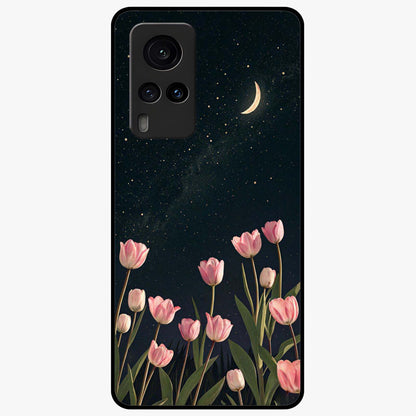 Midnight Tulip Whispers Vibe Glass Case showing flat back view with elegant tulip flower artwork and glossy glass finish.