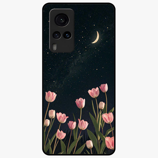 Midnight Tulip Whispers Vibe Glass Case showing flat back view with elegant tulip flower artwork and glossy glass finish.