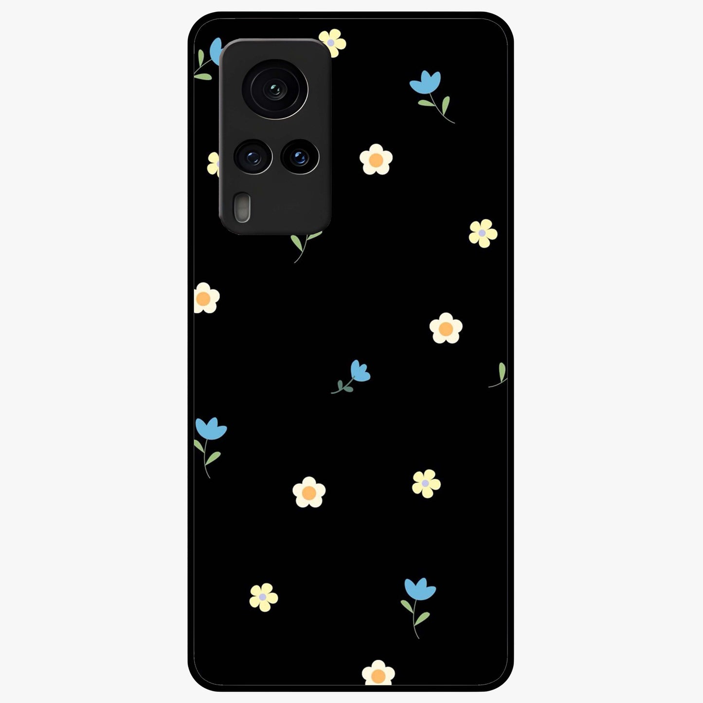 Minimalistic Blue With White Flower Pattern Glass Case showing flat back view with blue background and white flower pattern and glossy glass finish.