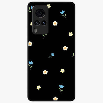 Minimalistic Blue With White Flower Pattern Glass Case showing flat back view with blue background and white flower pattern and glossy glass finish.