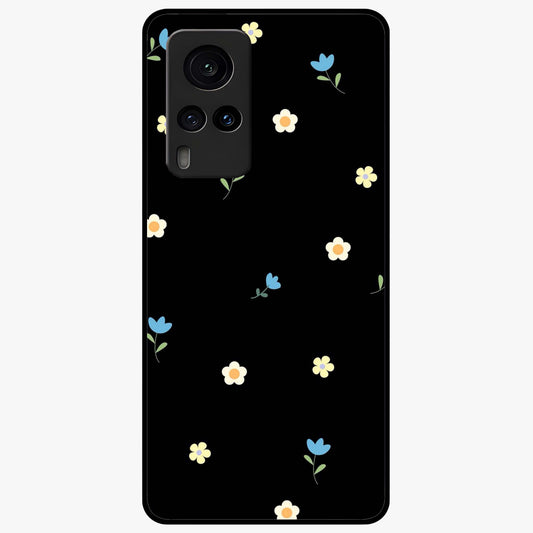 Minimalistic Blue With White Flower Pattern Glass Case showing flat back view with blue background and white flower pattern and glossy glass finish.