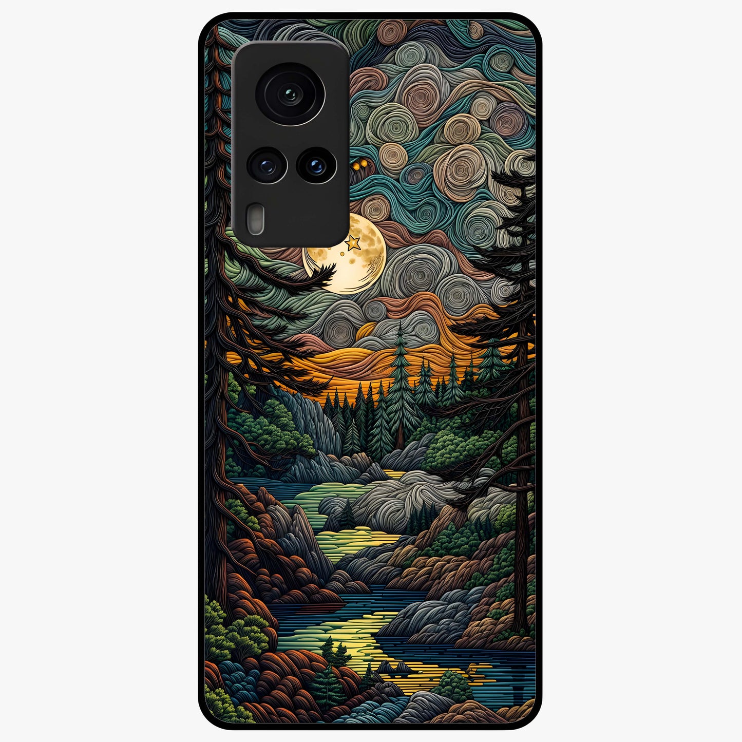 Moonlight Forest Dream Glass Case showing flat back view with mystical forest moonlight artwork and glossy glass finish.