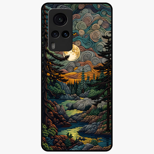Moonlight Forest Dream Glass Case showing flat back view with mystical forest moonlight artwork and glossy glass finish.