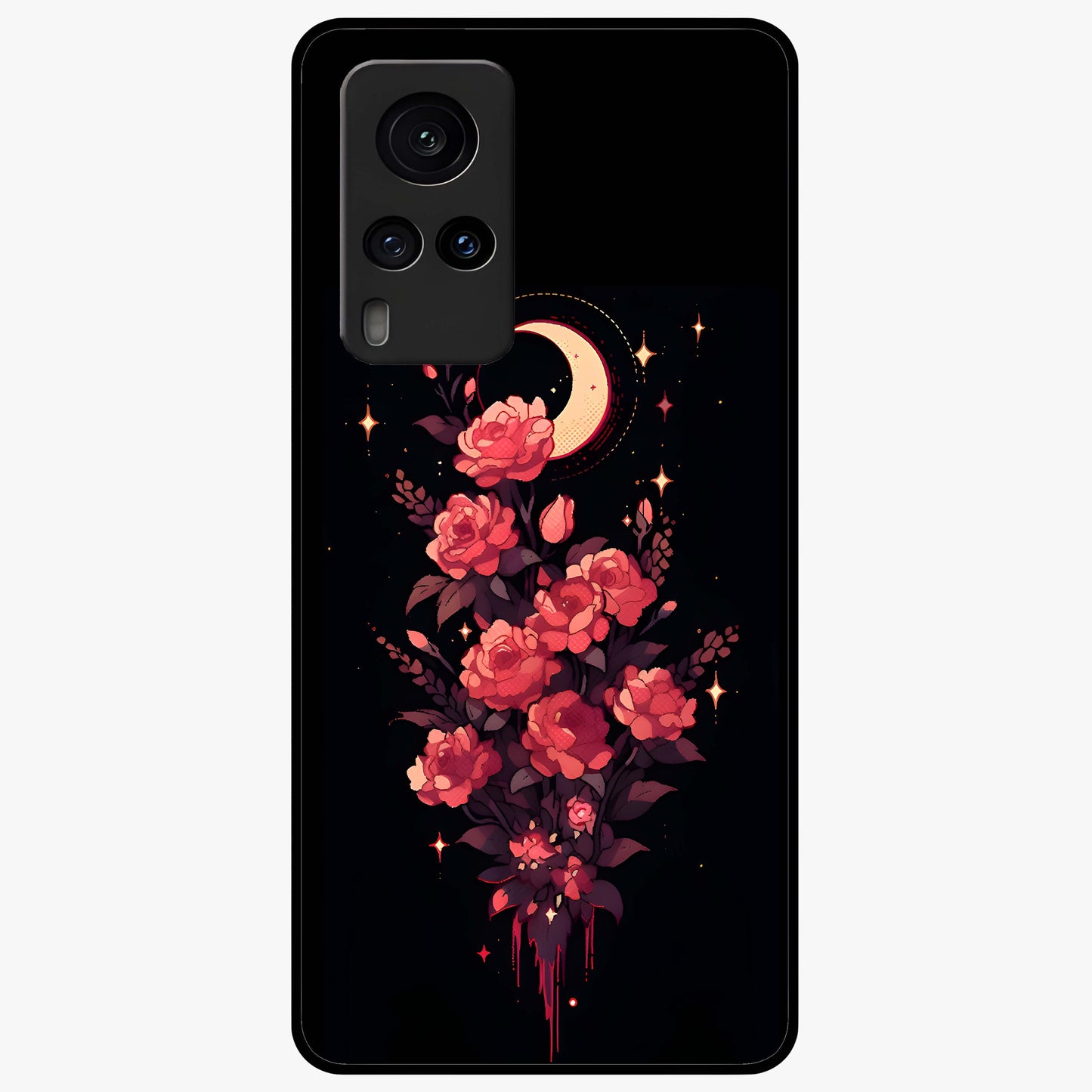 Moonlit Floral Elegance Glass Case showing flat back view with elegant floral artwork under moonlit tones and glossy glass finish.