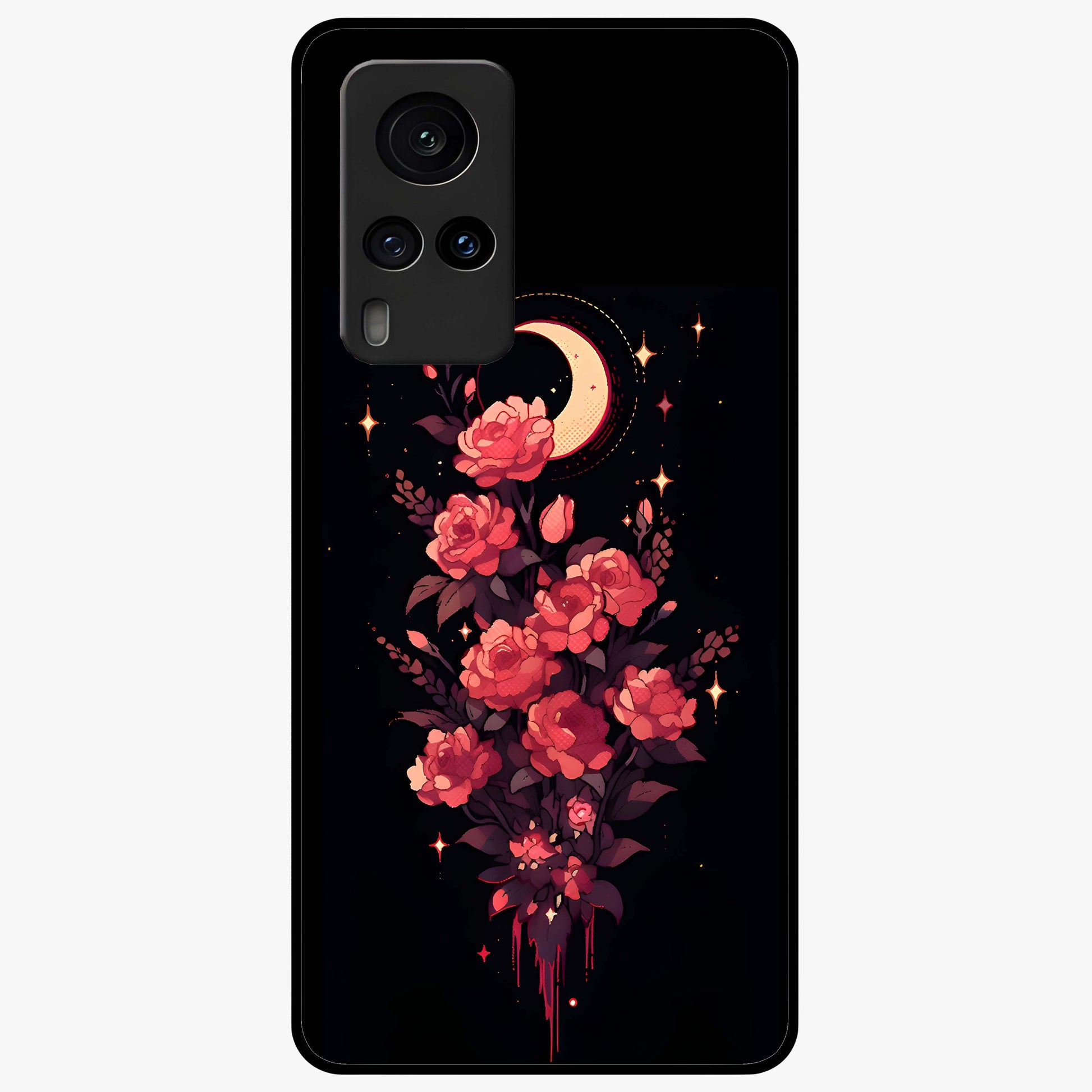 Moonlit Floral Elegance Glass Case showing flat back view with elegant floral artwork under moonlit tones and glossy glass finish.