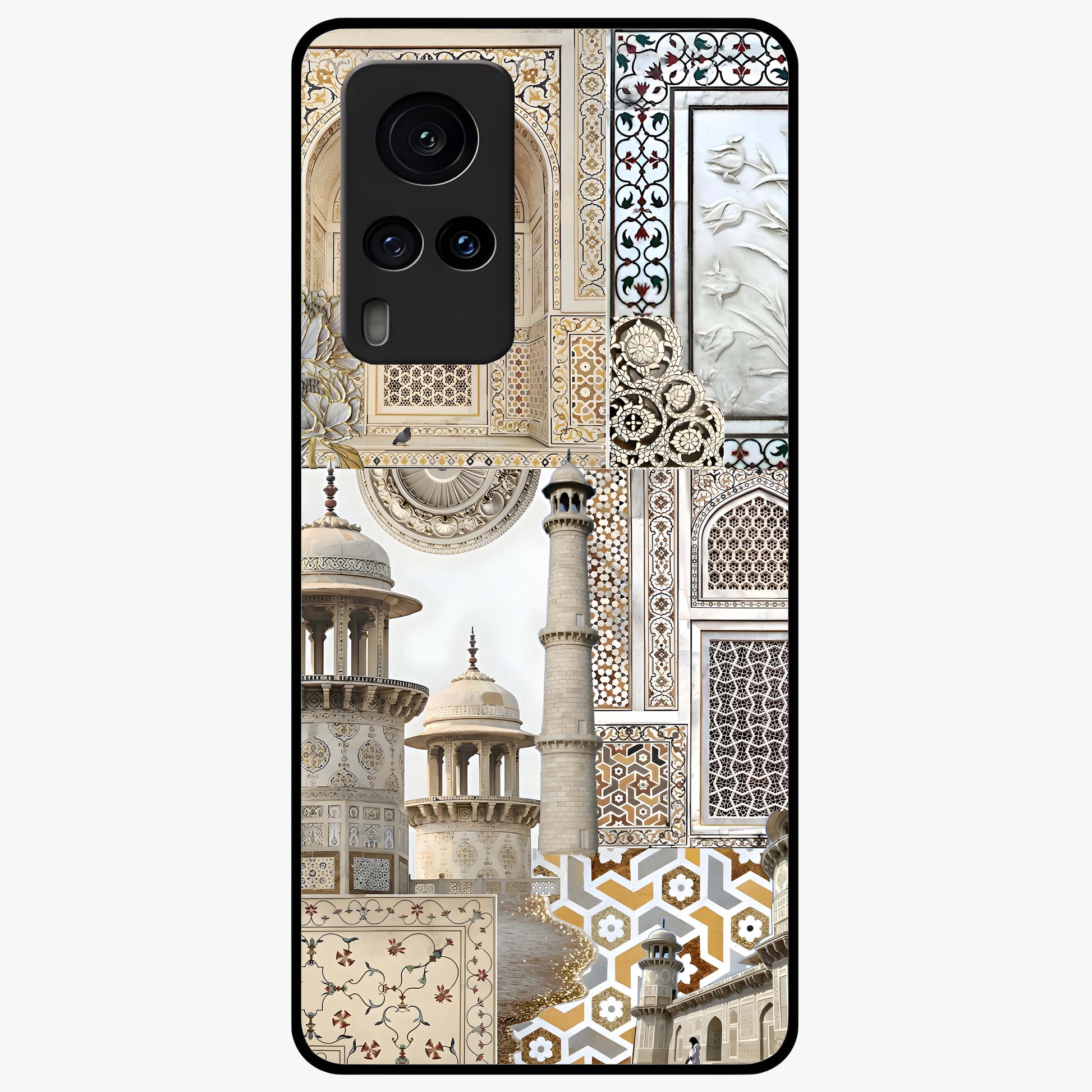 Mughal Marble Legacy Glass Case showing flat back view with intricate Mughal inspired marble pattern and glossy glass finish.