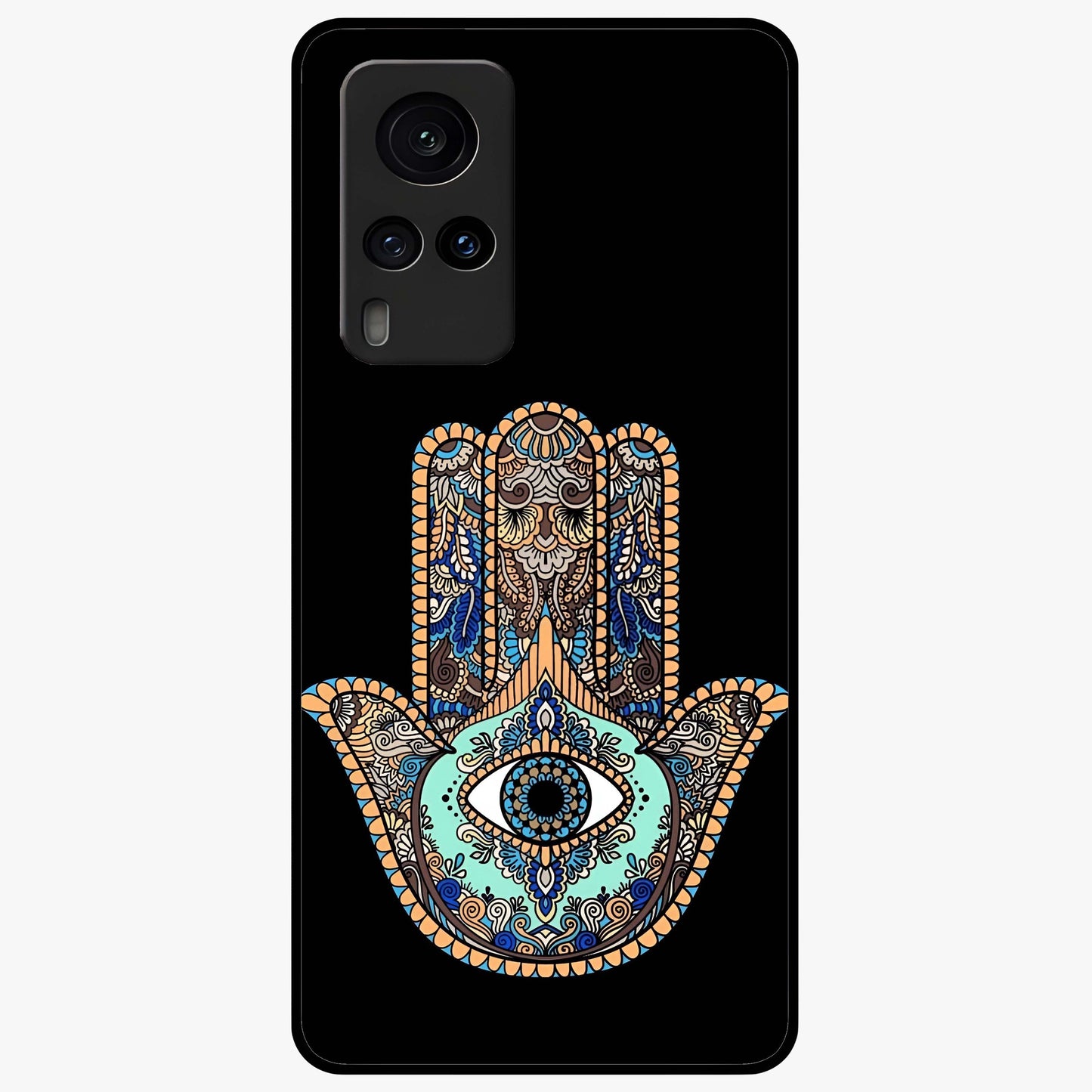 Mystic Hamsa Eye Glass Case showing flat back view with protective hamsa hand and evil eye artwork and glossy glass finish.