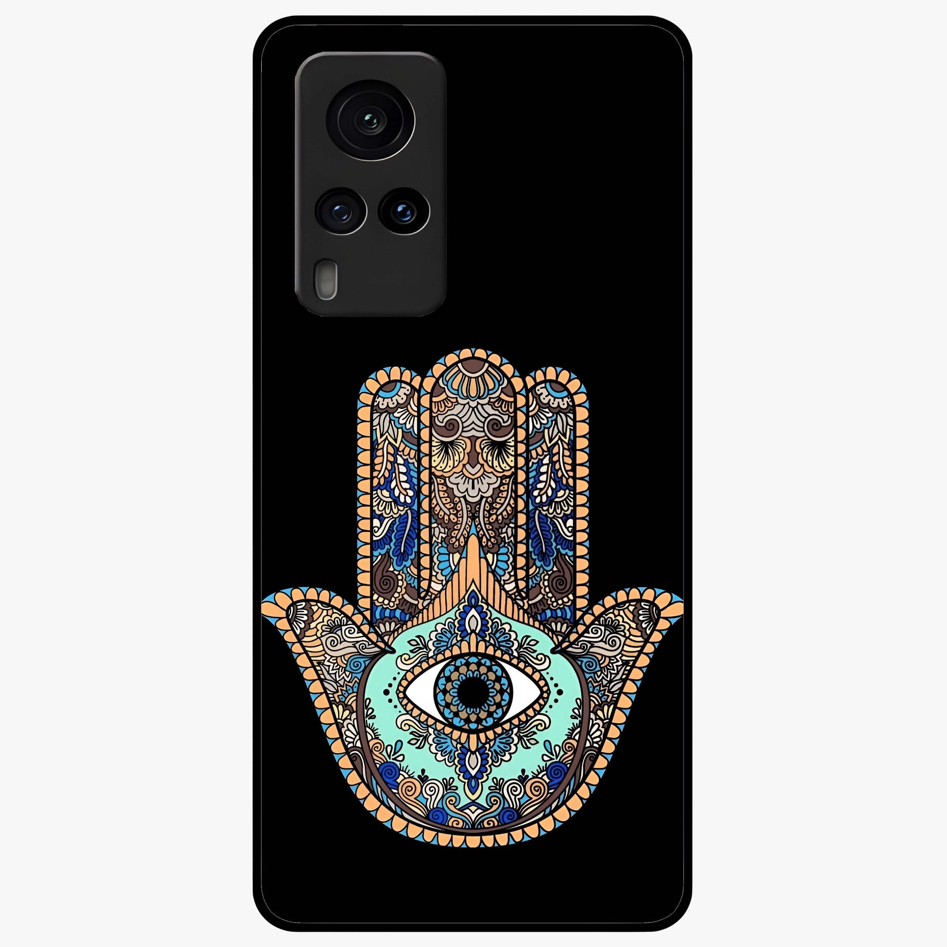 Mystic Hamsa Eye Glass Case showing flat back view with protective hamsa hand and evil eye artwork and glossy glass finish.