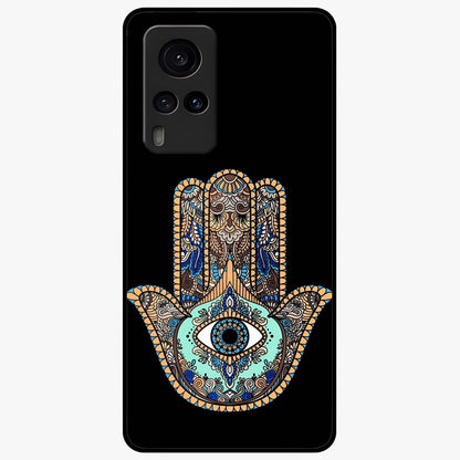 Mystic Hamsa Eye Glass Case showing flat back view with protective hamsa hand and evil eye artwork and glossy glass finish.