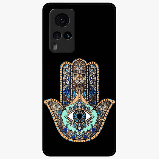 Mystic Hamsa Eye Glass Case showing flat back view with protective hamsa hand and evil eye artwork and glossy glass finish.
