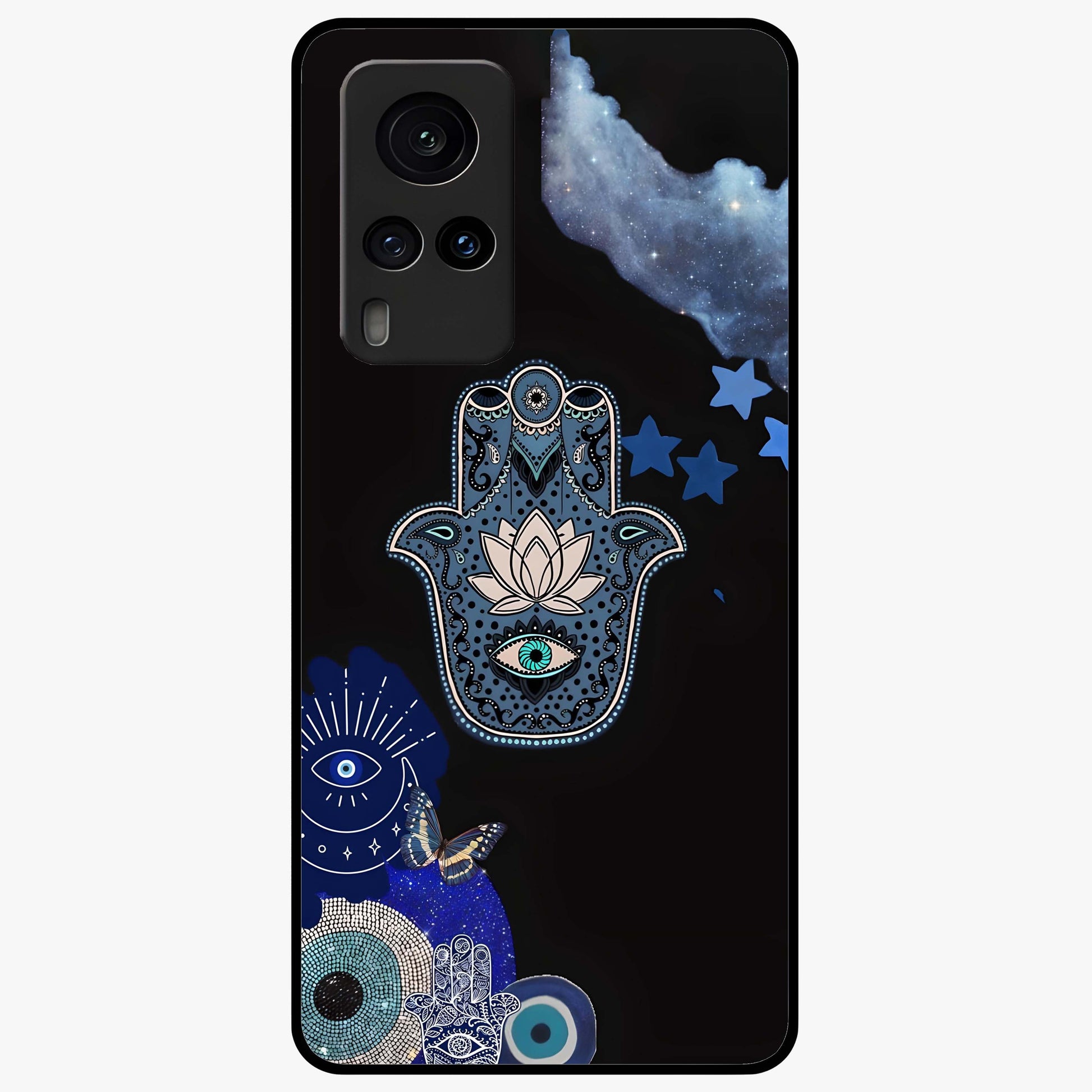 Mystic Hand Aura Glass Case showing flat back view with mystical hand symbol artwork and glossy glass finish.