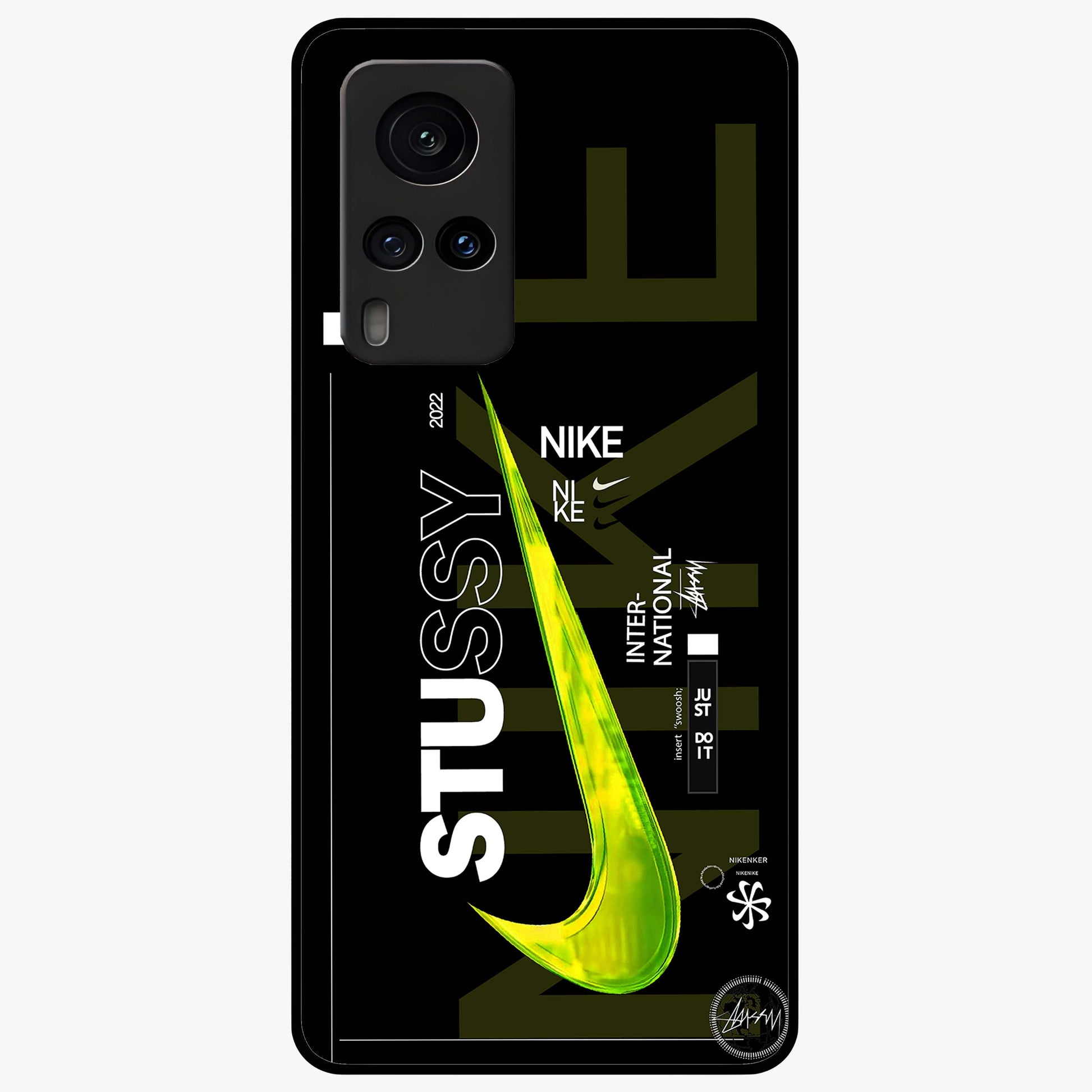 Neon Street Edition Glass Case showing flat back view with neon street style artwork and glossy glass finish.