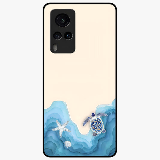 Ocean Drift Turtle Glass Case showing flat back view with sea turtle artwork and glossy glass finish.