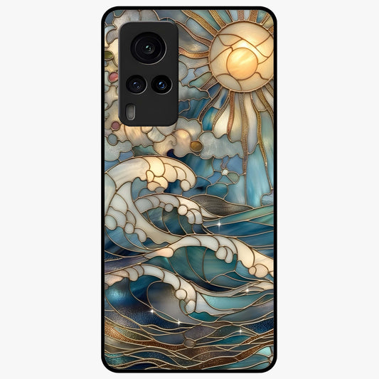 Oceanic Stained Printed Glass Case showing flat back view with ocean inspired stained pattern artwork and glossy glass finish.