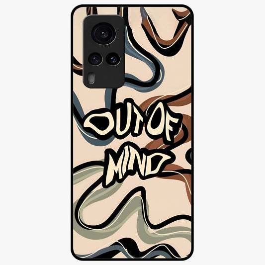 Out Of Mind Glass Case showing flat back view with expressive typography artwork and glossy glass finish.