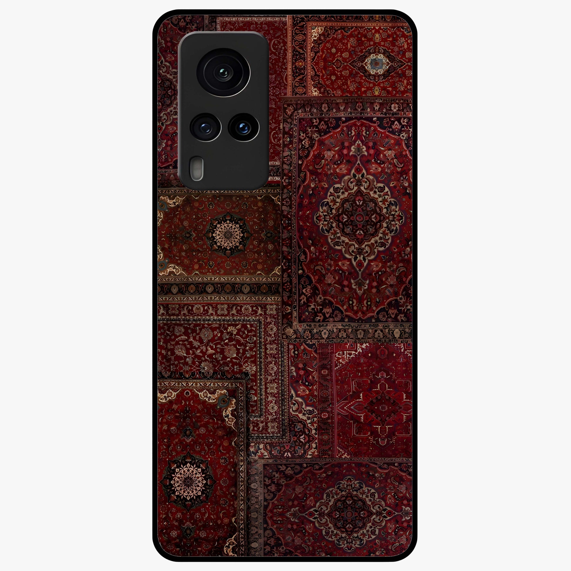 Persian Velvet Tale Glass Case showing flat back view with luxurious Persian velvet pattern artwork and glossy glass finish.