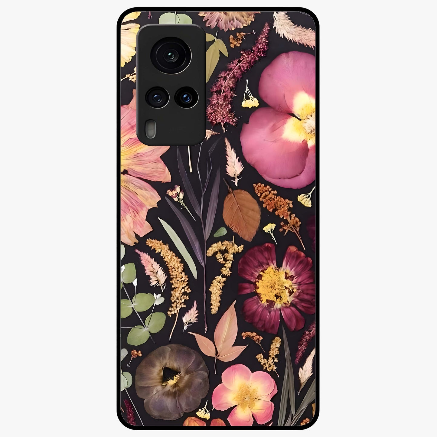Petal Dream Tapestry Glass Case showing flat back view with intricate floral tapestry artwork and glossy glass finish.