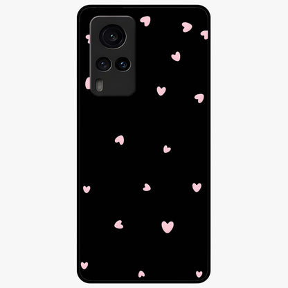Pink Love Drops Glass Case showing flat back view with playful pink heart drops artwork and glossy glass finish.
