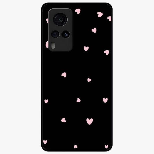 Pink Love Drops Glass Case showing flat back view with playful pink heart drops artwork and glossy glass finish.