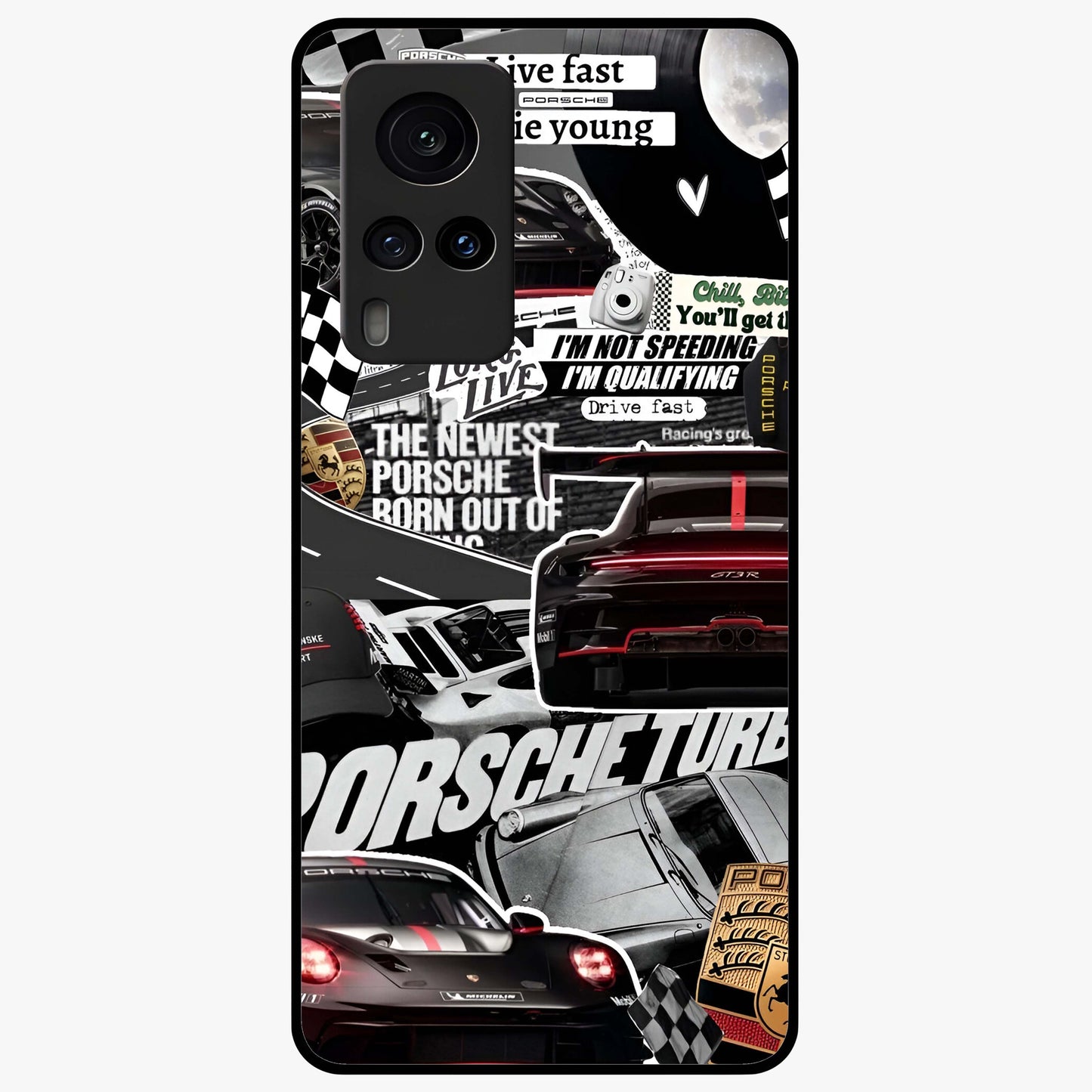 Porsche Racing Collage Glass Case showing flat back view with sports car racing collage artwork and glossy glass finish.